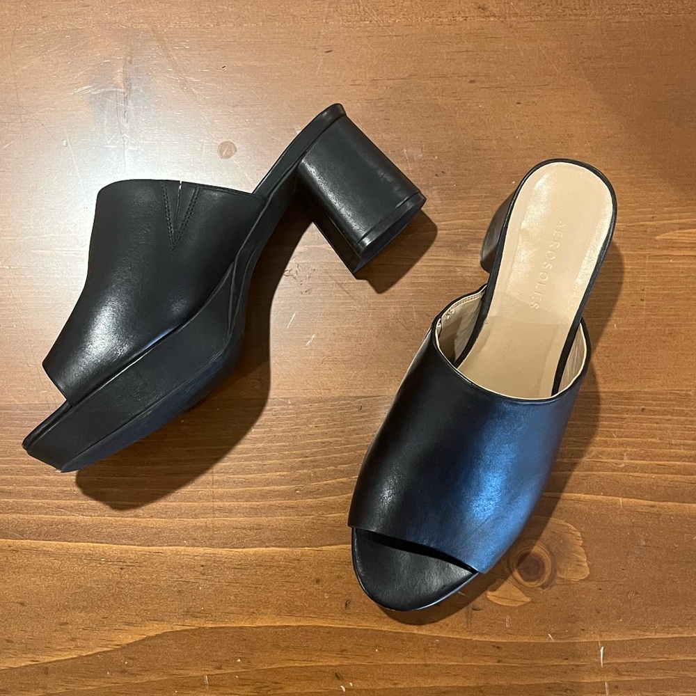 Aerosoles Cassy Black Leather Slide Sandals Chunky Heel Women’s Size 9